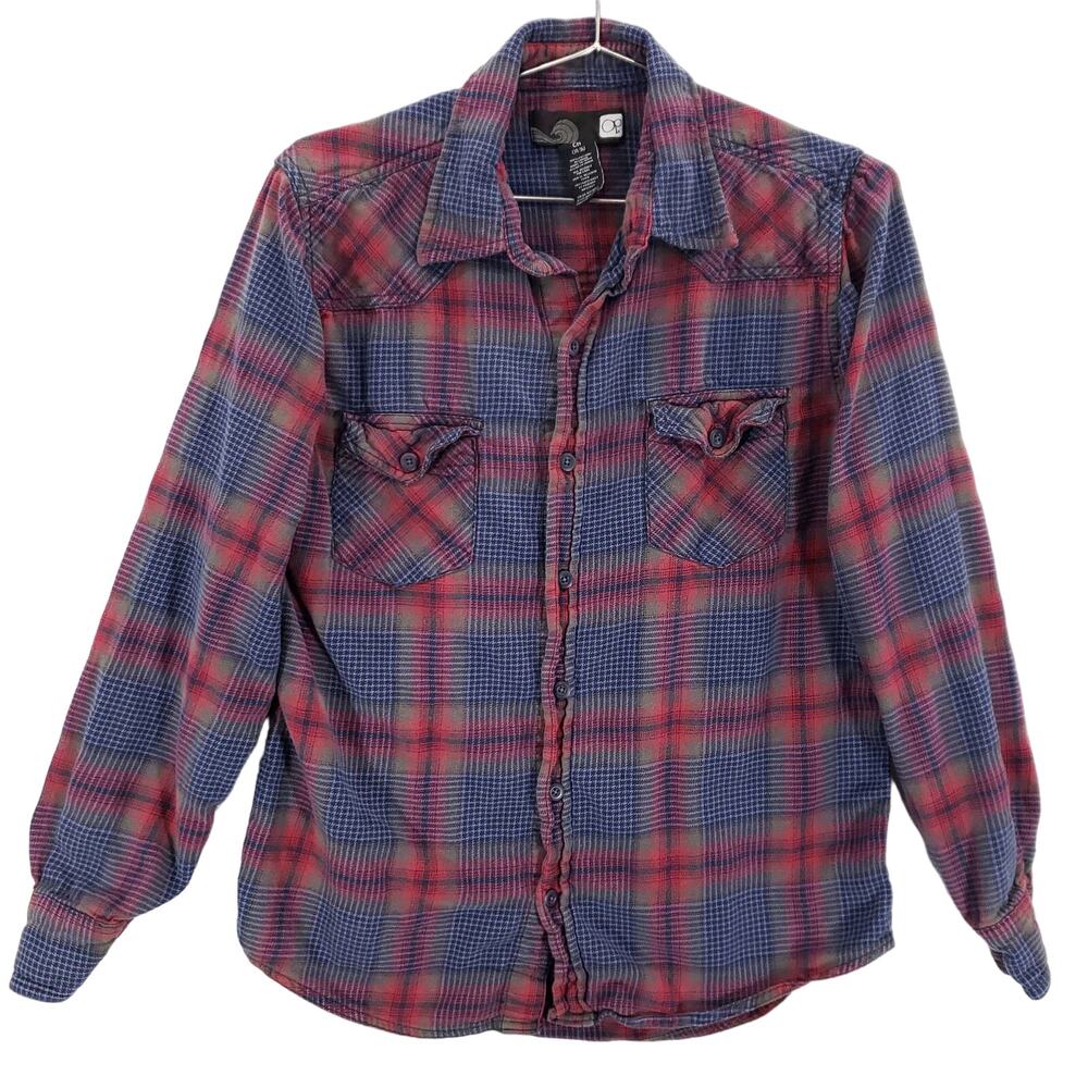 Ocean Pacific Flannel Mens Small Red Blue Plaid Long Sleeve Outdoor OP Button Up
